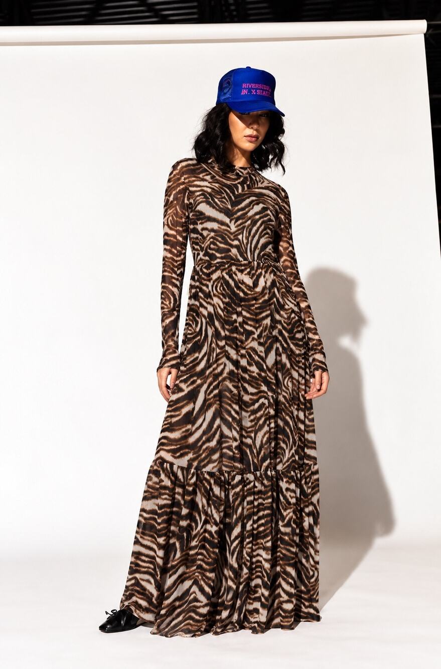 Dressed in LALA Mesh You More Maxi Dress XL Brown Zebra Tiger Print